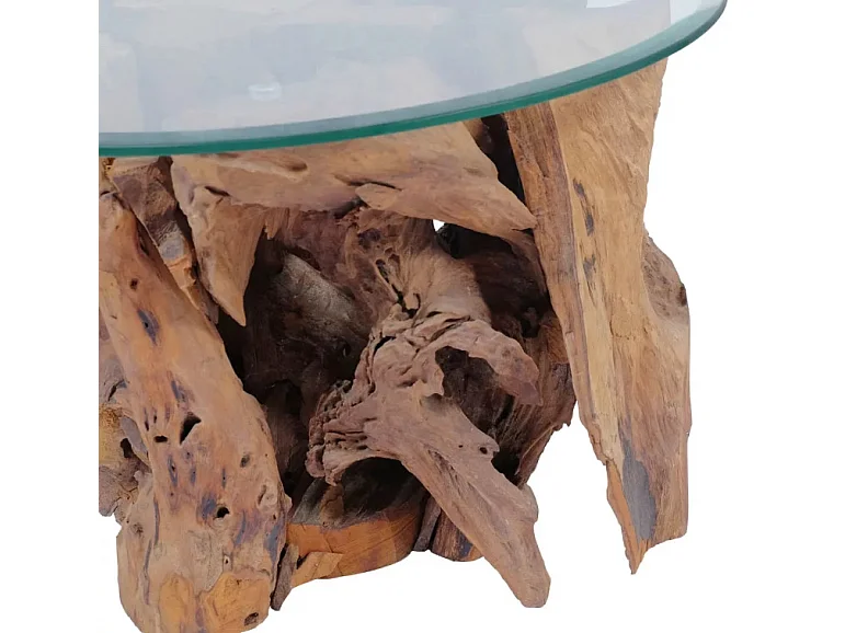 Table basse ronde verre trempé et teck massif Done