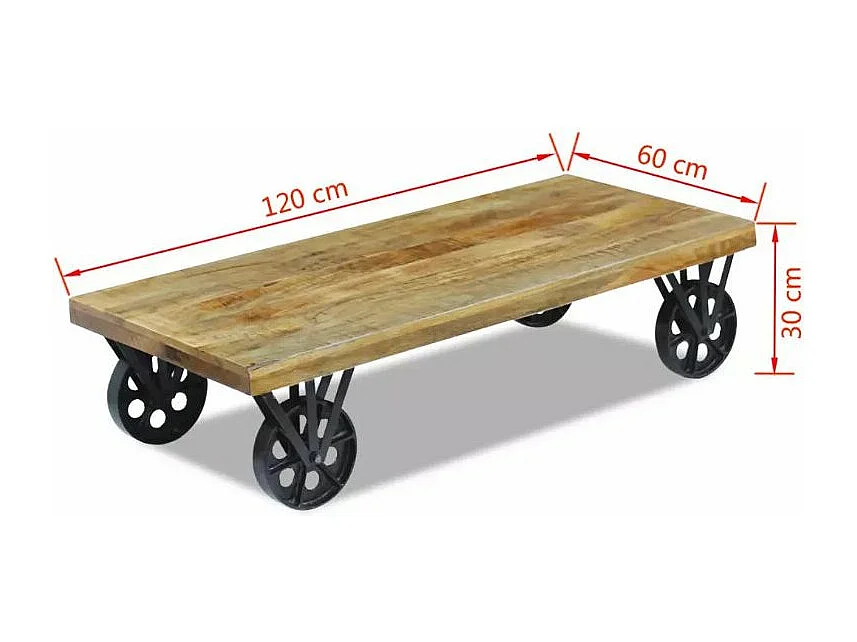 Table basse à roulettes manguier massif clair et métal noir Grey