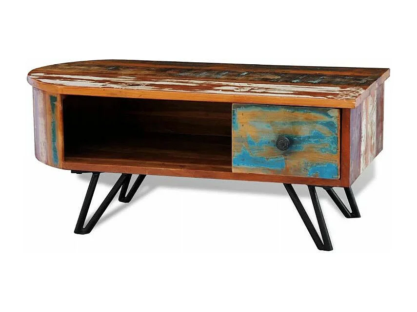 Table basse rectangulaire 1 tiroir bois massif recyclé et métal noir Boust