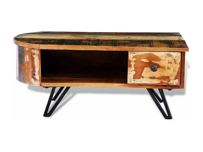 Table basse rectangulaire 1 tiroir bois massif recyclé et métal noir Boust