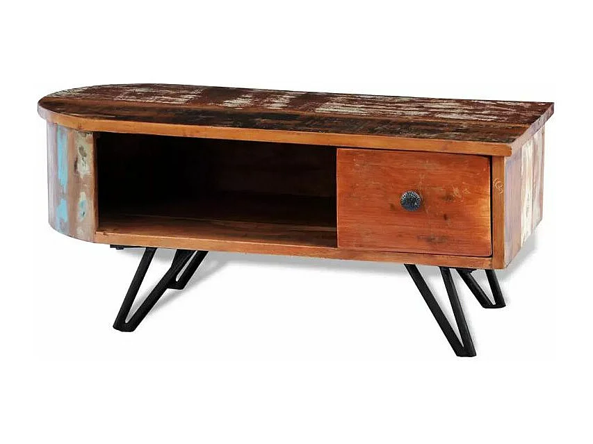 Table basse rectangulaire 1 tiroir bois massif recyclé et métal noir Boust