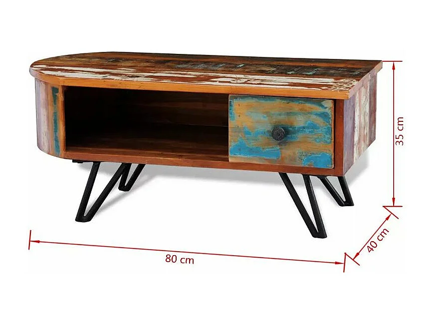 Table basse rectangulaire 1 tiroir bois massif recyclé et métal noir Boust