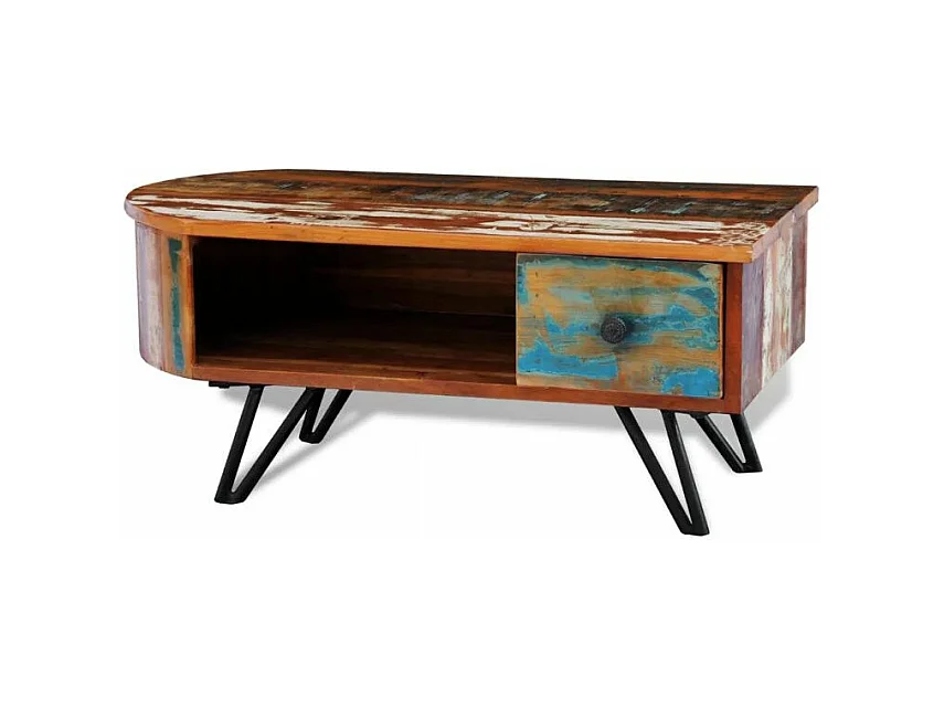 Table basse rectangulaire 1 tiroir bois massif recyclé et métal noir Boust