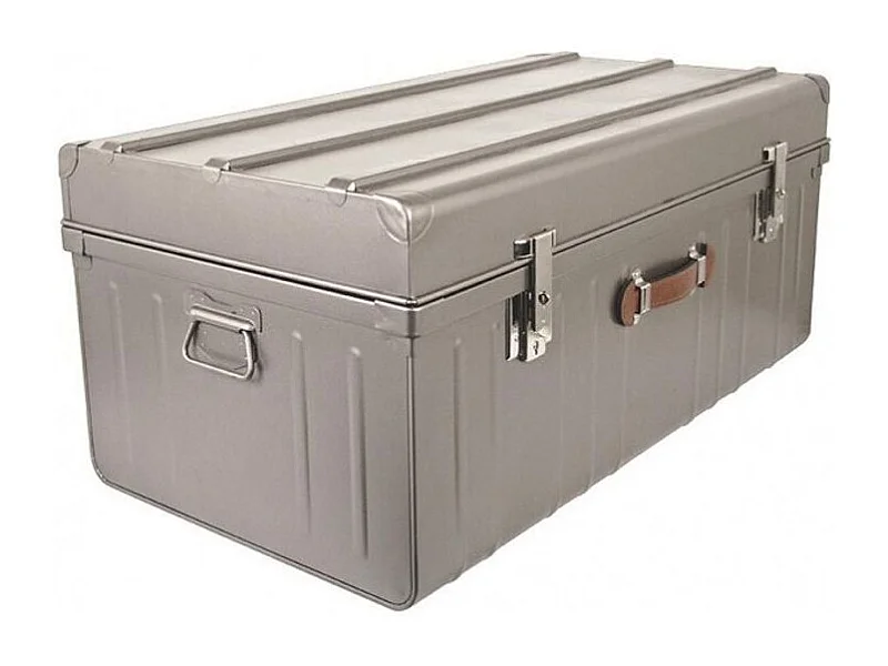 Malle métallique gris nacré avec poignée simili cuir L100xH46xP55