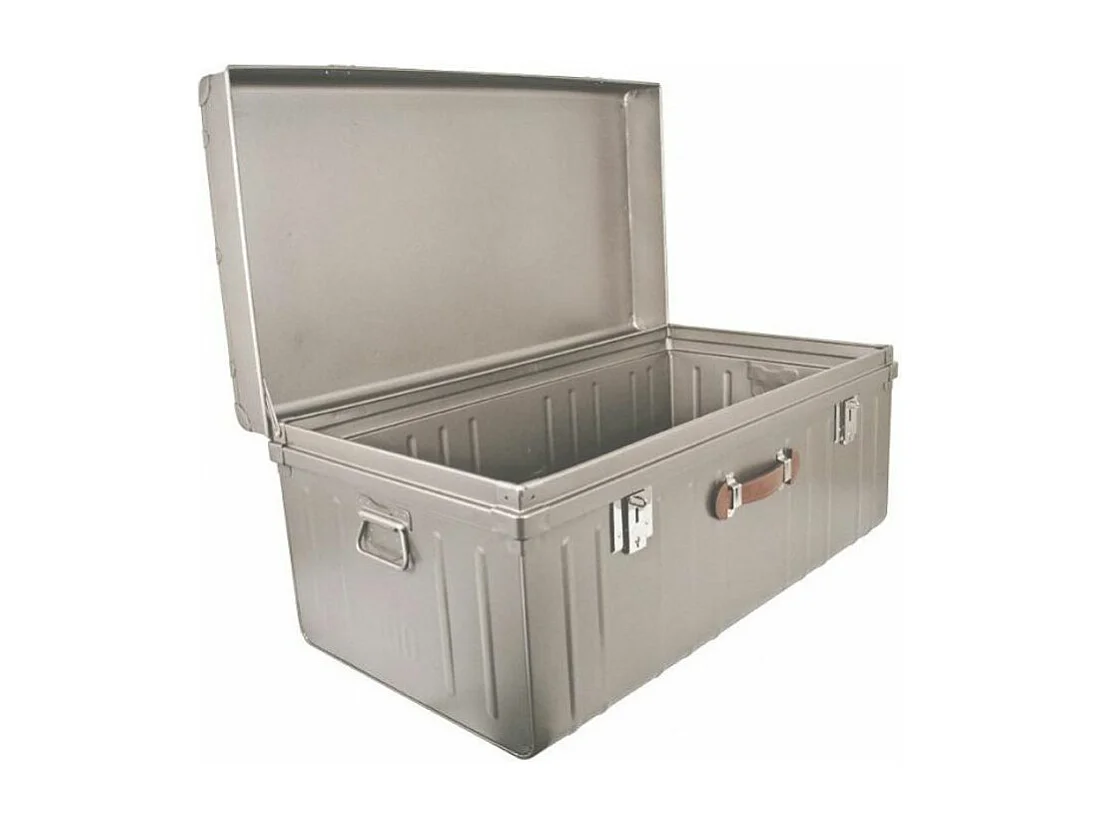 Malle métallique gris nacré avec poignée simili cuir L100xH46xP55