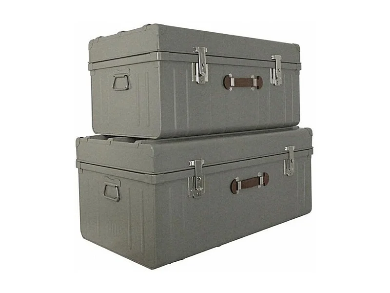 Malle métallique taupe avec poignée simili cuir - Lot de 2