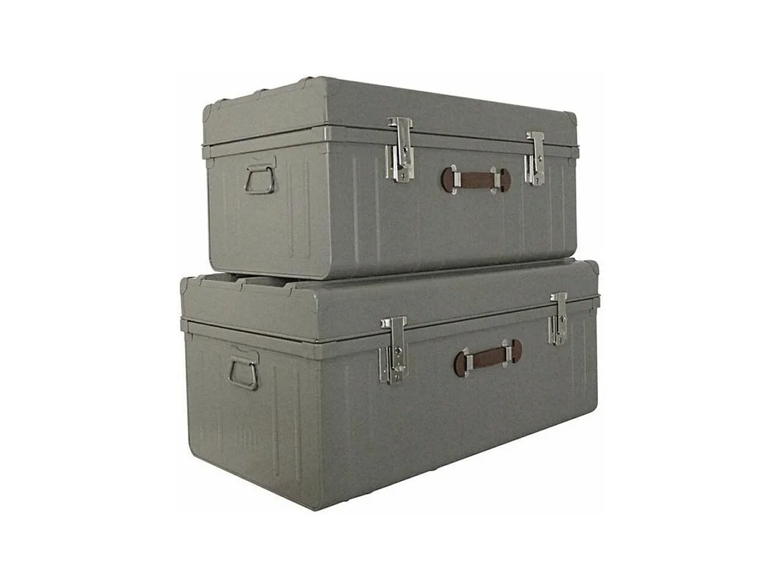 Malle métallique taupe avec poignée simili cuir - Lot de 2