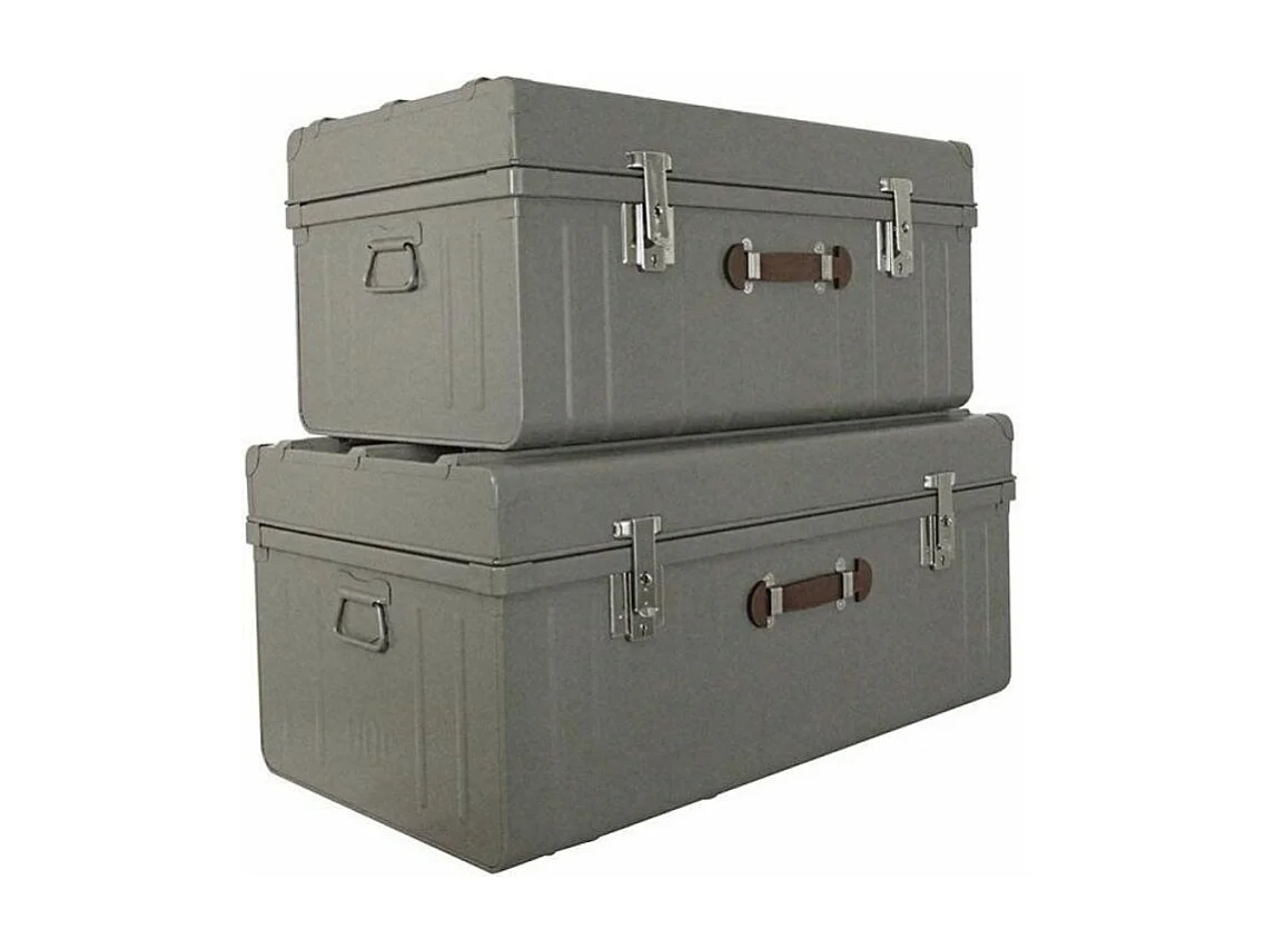 Malle métallique taupe avec poignée simili cuir - Lot de 2