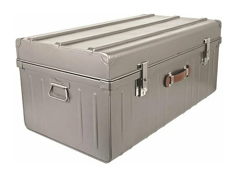 Malle métallique gris nacré avec poignée simili cuir L90xH43xP50