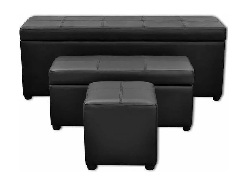 Banquette coffre avec pouf capitonné simili cuir noir Mandai - lot de 3