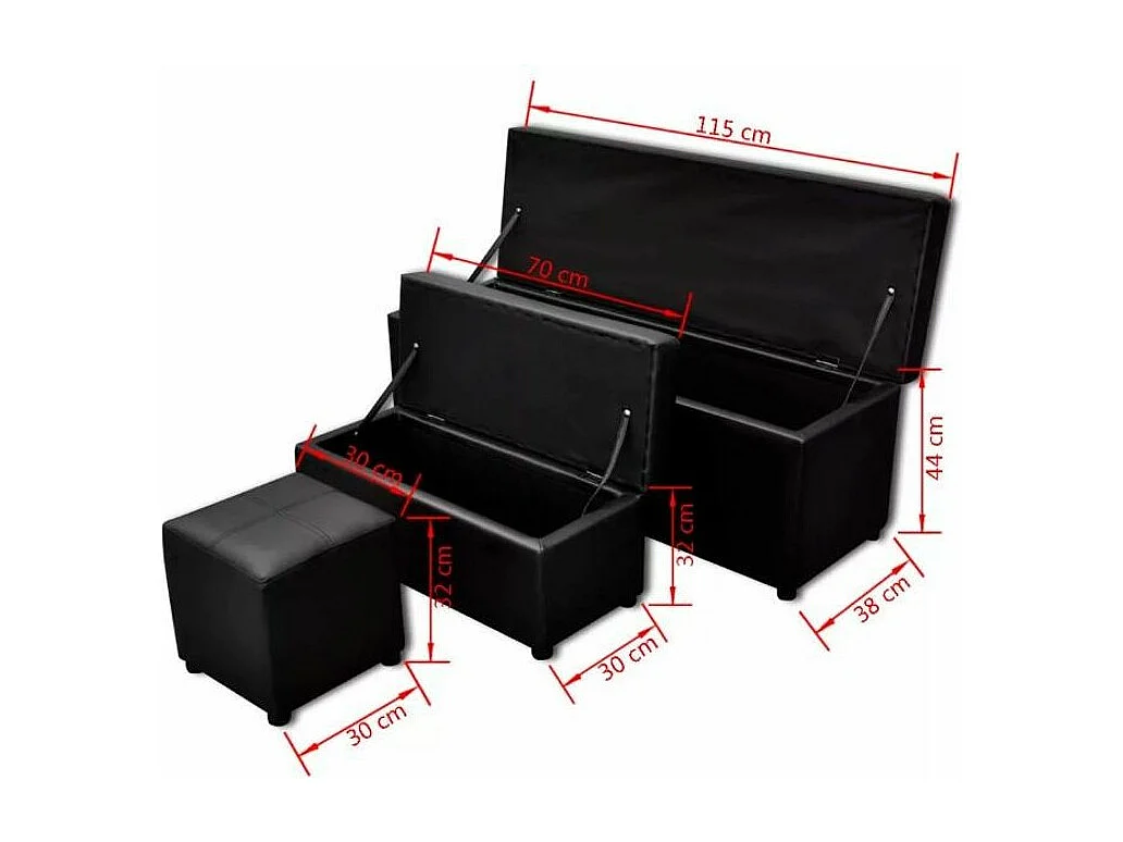 Banquette coffre avec pouf capitonné simili cuir noir Mandai - lot de 3