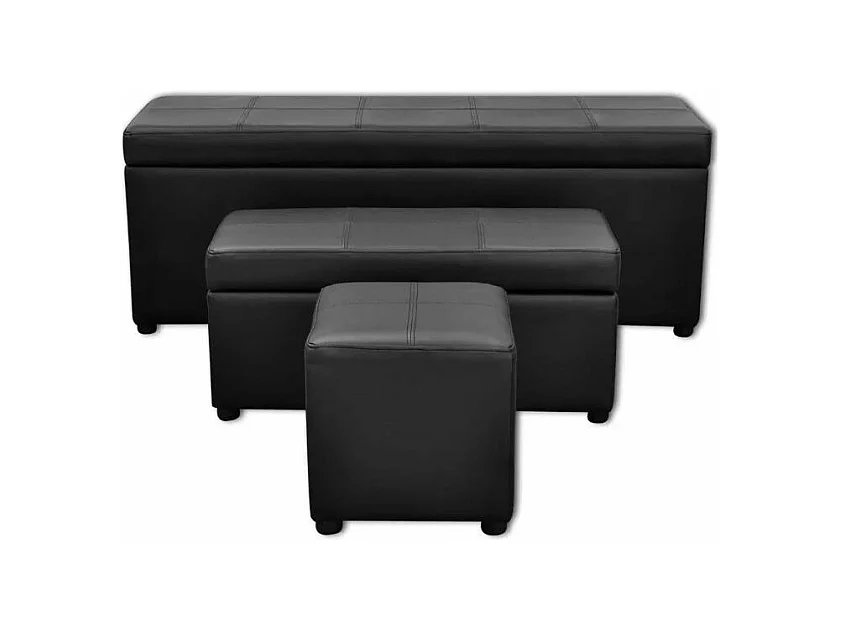 Banquette coffre avec pouf capitonné simili cuir noir Mandai - lot de 3