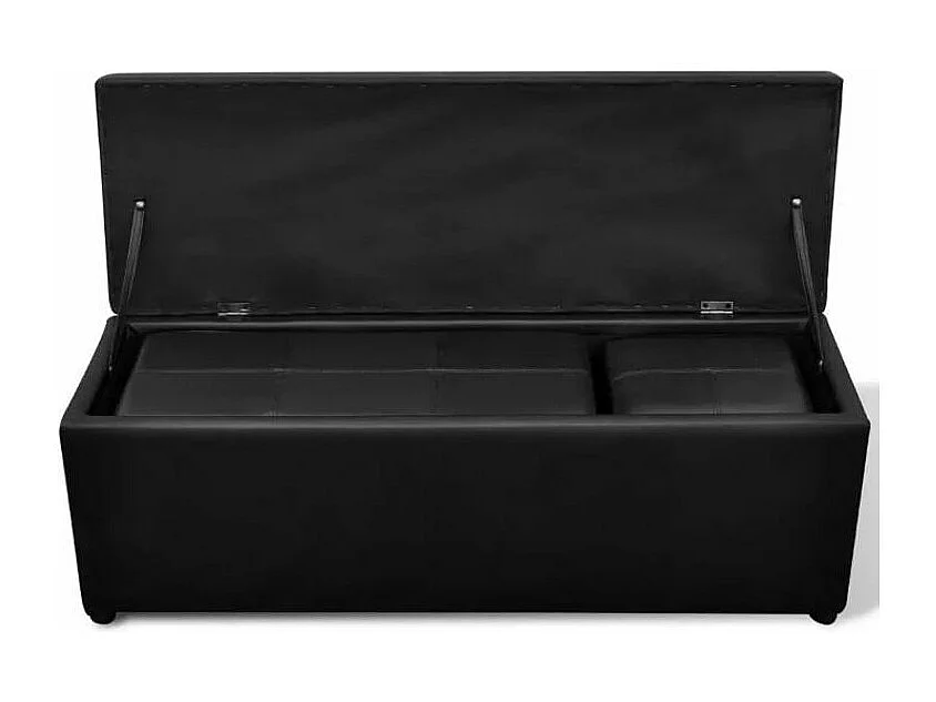 Banquette coffre avec pouf capitonné simili cuir noir Mandai - lot de 3