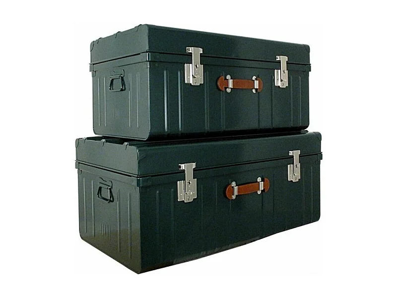 Malle métallique vert foncé avec poignée simili cuir - Lot de 2