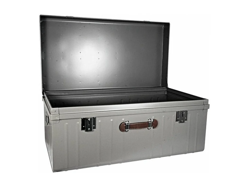 Malle métallique taupe avec poignée simili cuir L100xH46xP55