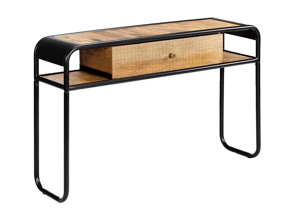 Console 1 tiroir manguier massif clair et métal noir Maneci 118cm