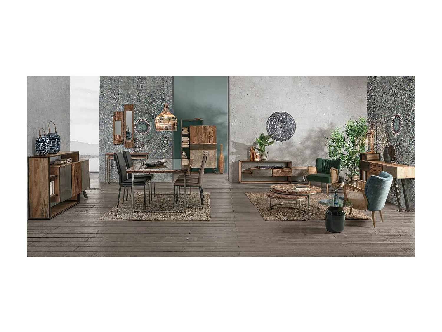 Industriële console met 3 lades gerecycled mangohout en zwart staal Kramer 160 cm