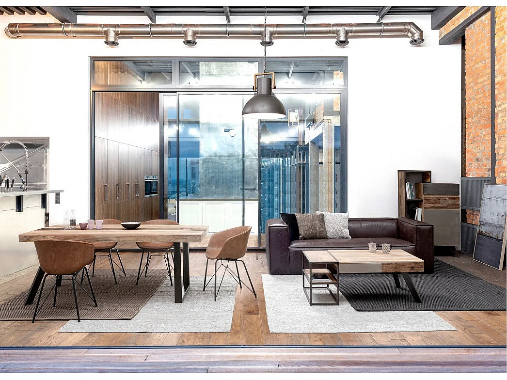 Industriële console met 3 lades gerecycled mangohout en zwart staal Kramer 160 cm