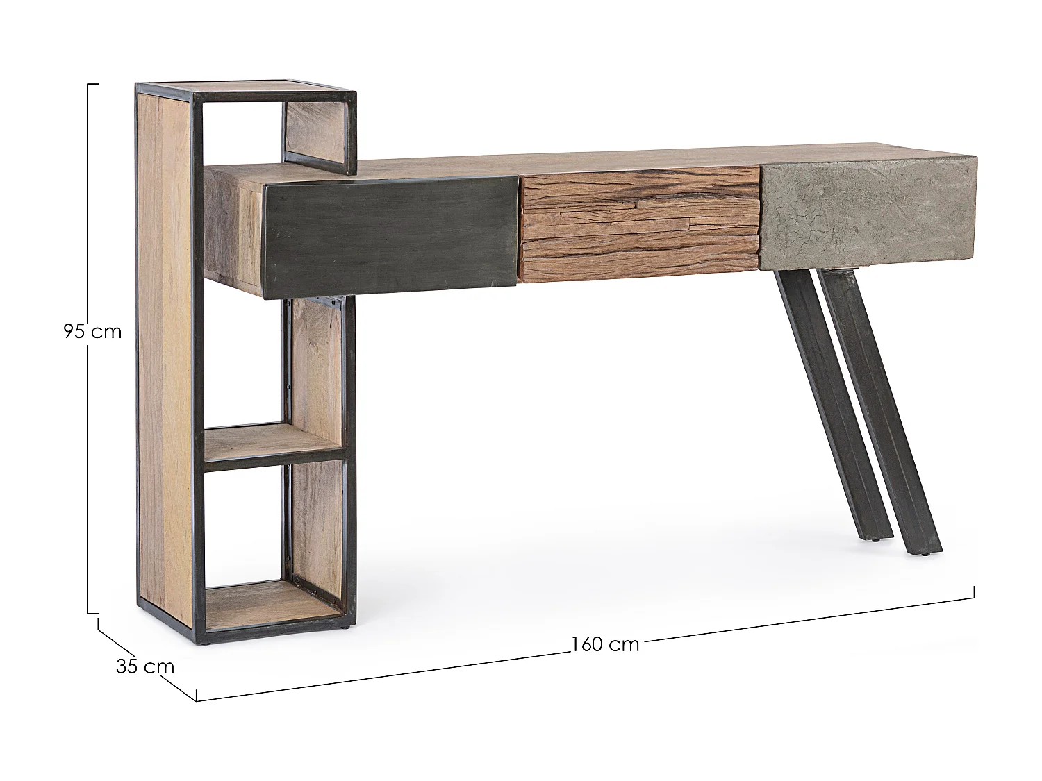 Industriële console met 3 lades gerecycled mangohout en zwart staal Kramer 160 cm