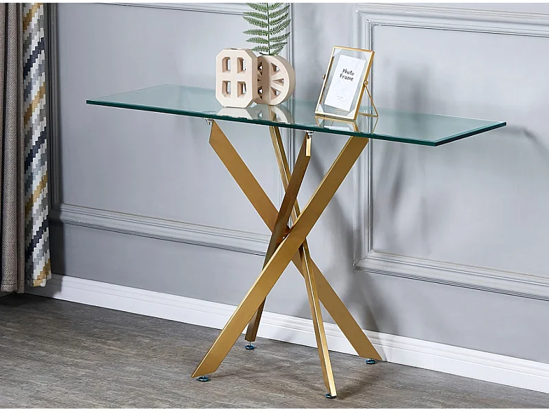 Console fixe design en acier doré et verre trempé Kizoa 120cm