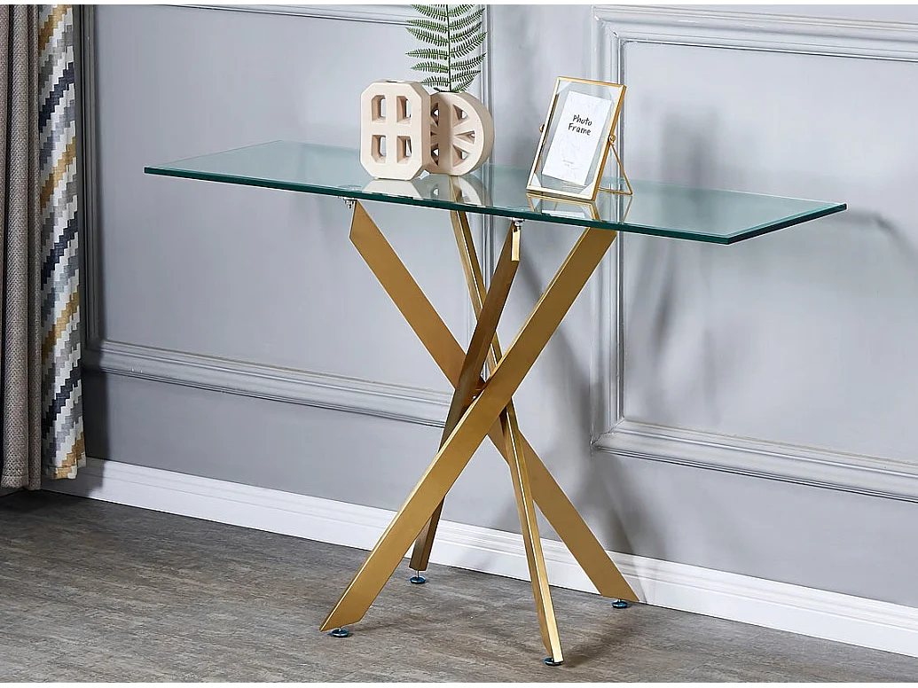Console fixe design en acier doré et verre trempé Kizoa 120cm