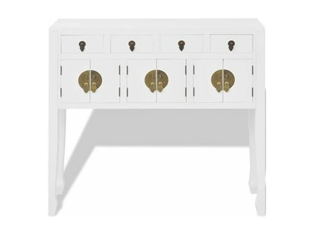 Console orientale 4 tiroirs 3 portes bois massif blanc Meva
