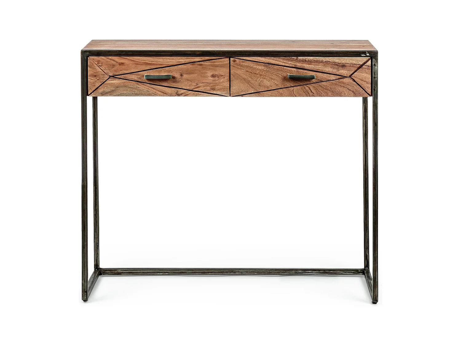 Console 2 tiroirs en bois clair d'acacia vernis mat et acier noir Makune 90cm