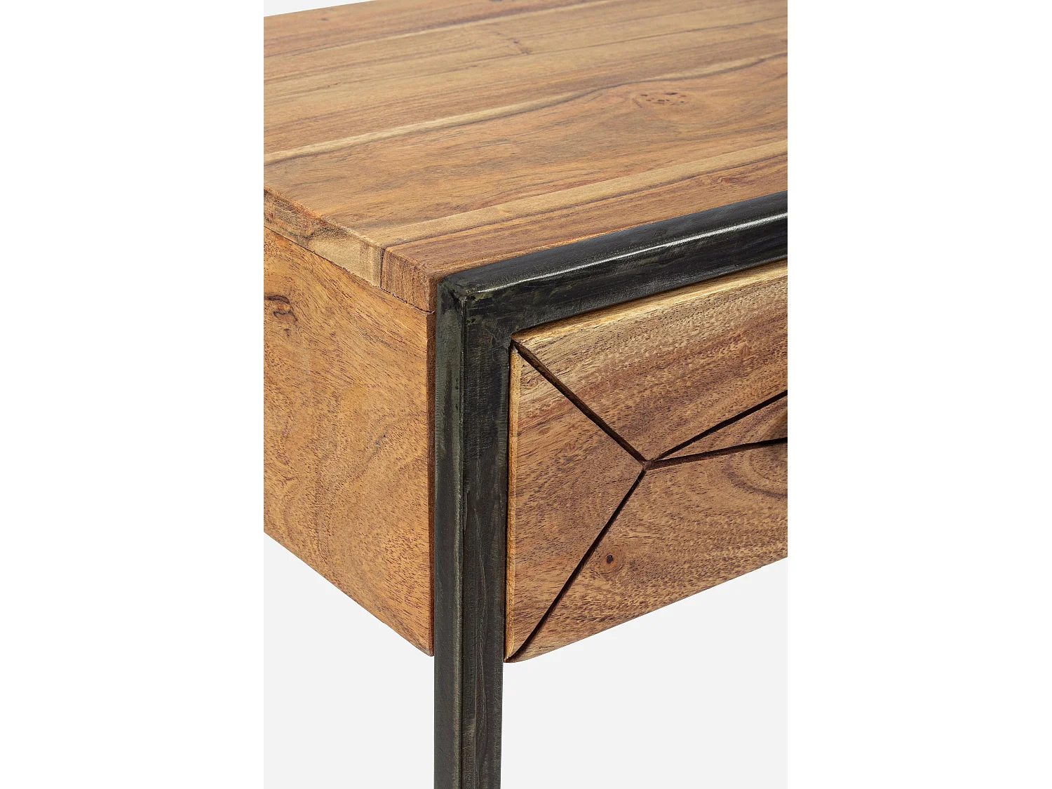 Console 2 tiroirs en bois clair d'acacia vernis mat et acier noir Makune 90cm