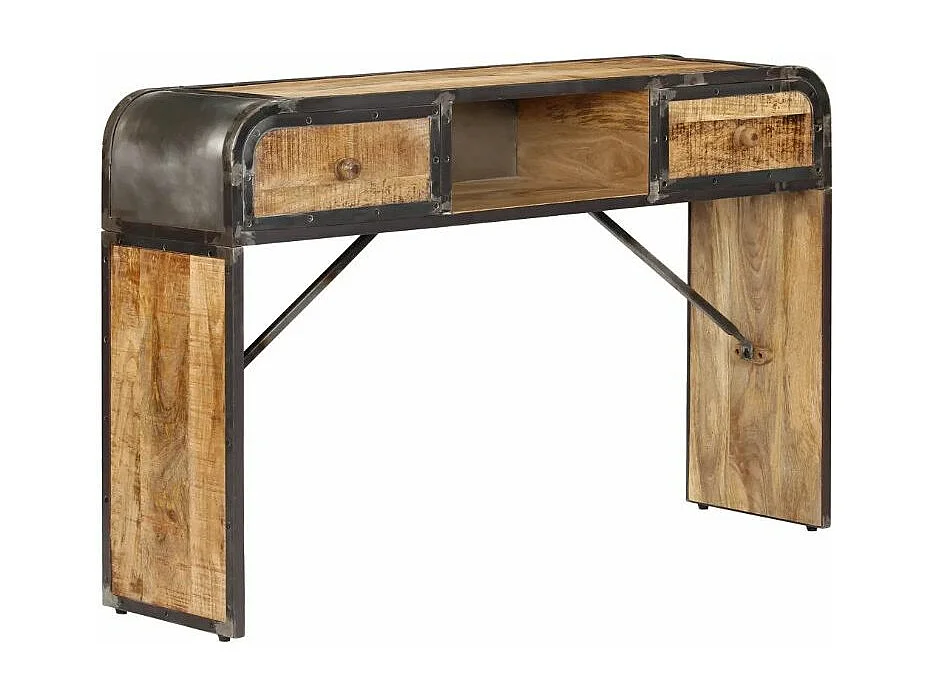 Console 2 tiroirs manguier massif clair et métal noir Cinéma