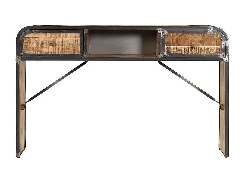 Console 2 tiroirs manguier massif clair et métal noir Cinéma