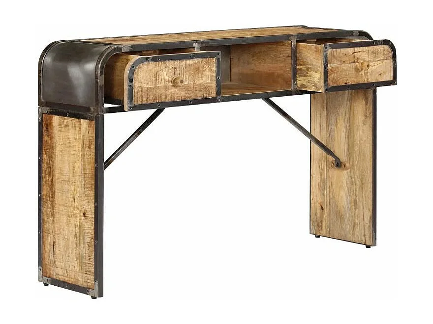 Console 2 tiroirs manguier massif clair et métal noir Cinéma