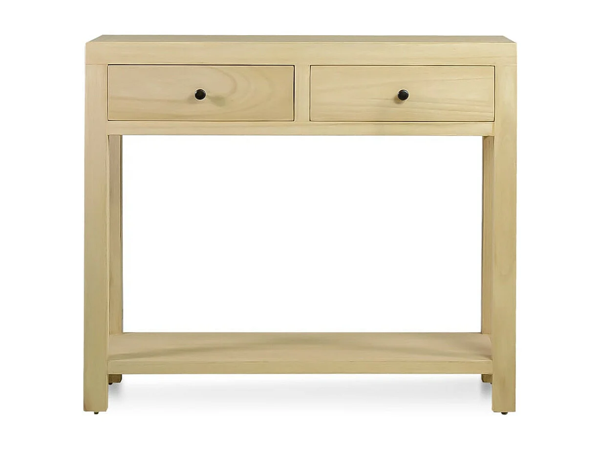 Consola pequeña de madera maciza natural 2 cajones 1 estante Komba 90 cm