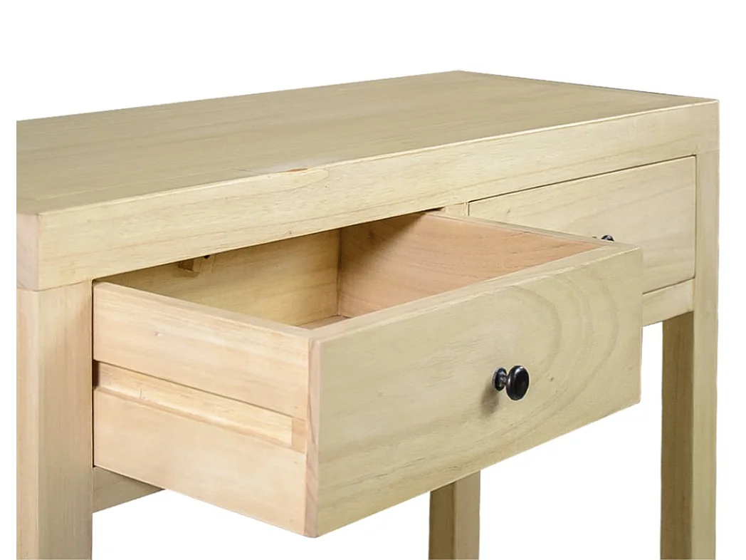 Consola pequeña de madera maciza natural 2 cajones 1 estante Komba 90 cm