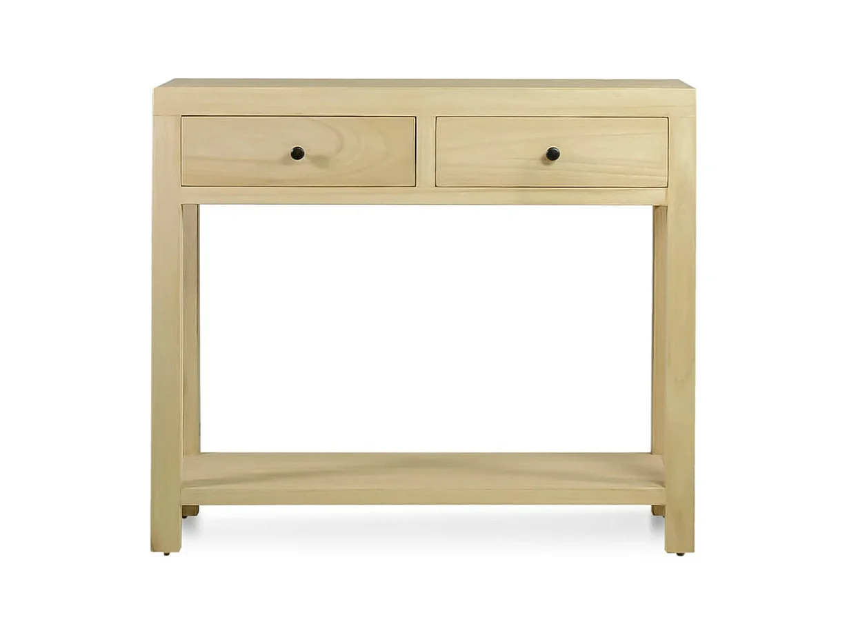 Kleine console van natuurlijk massief hout 2 laden 1 plank Komba 90 cm
