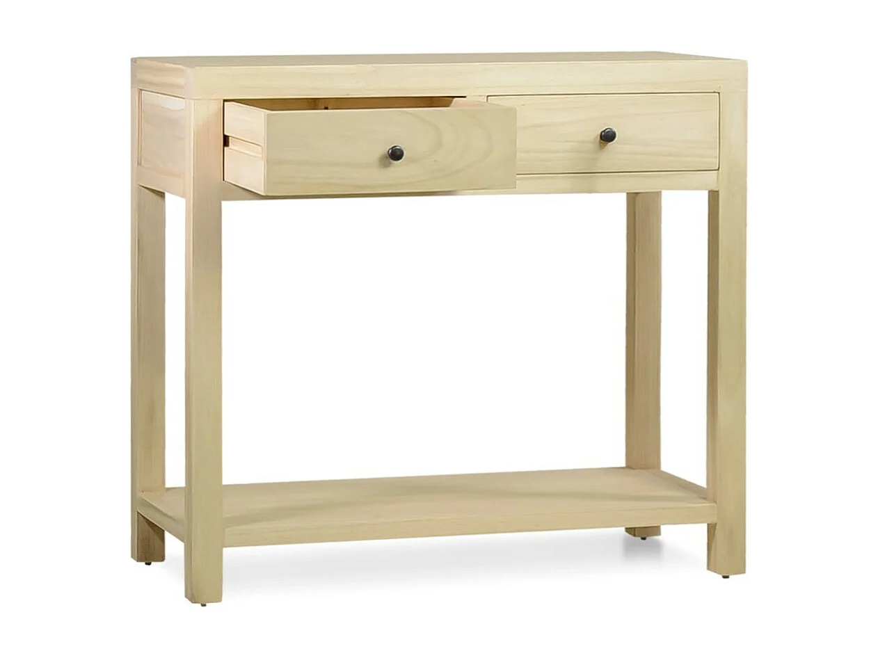 Consola pequeña de madera maciza natural 2 cajones 1 estante Komba 90 cm