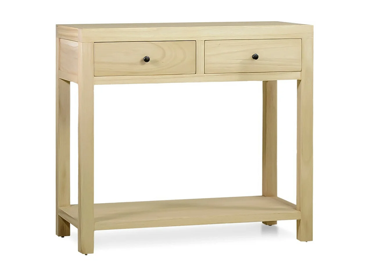 Consola pequeña de madera maciza natural 2 cajones 1 estante Komba 90 cm