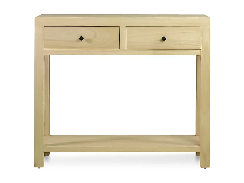 Kleine console van natuurlijk massief hout 2 laden 1 plank Komba 90 cm