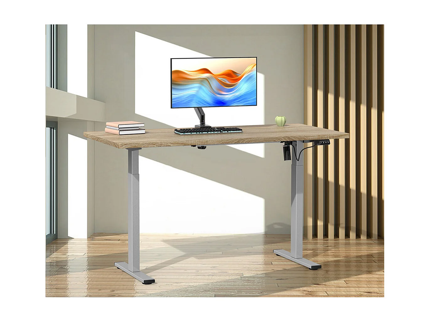 LonaE Schreibtisch elektrische Höhenverstellfunktion 160x80x71-120cm Eiche dekor, silberfarben.