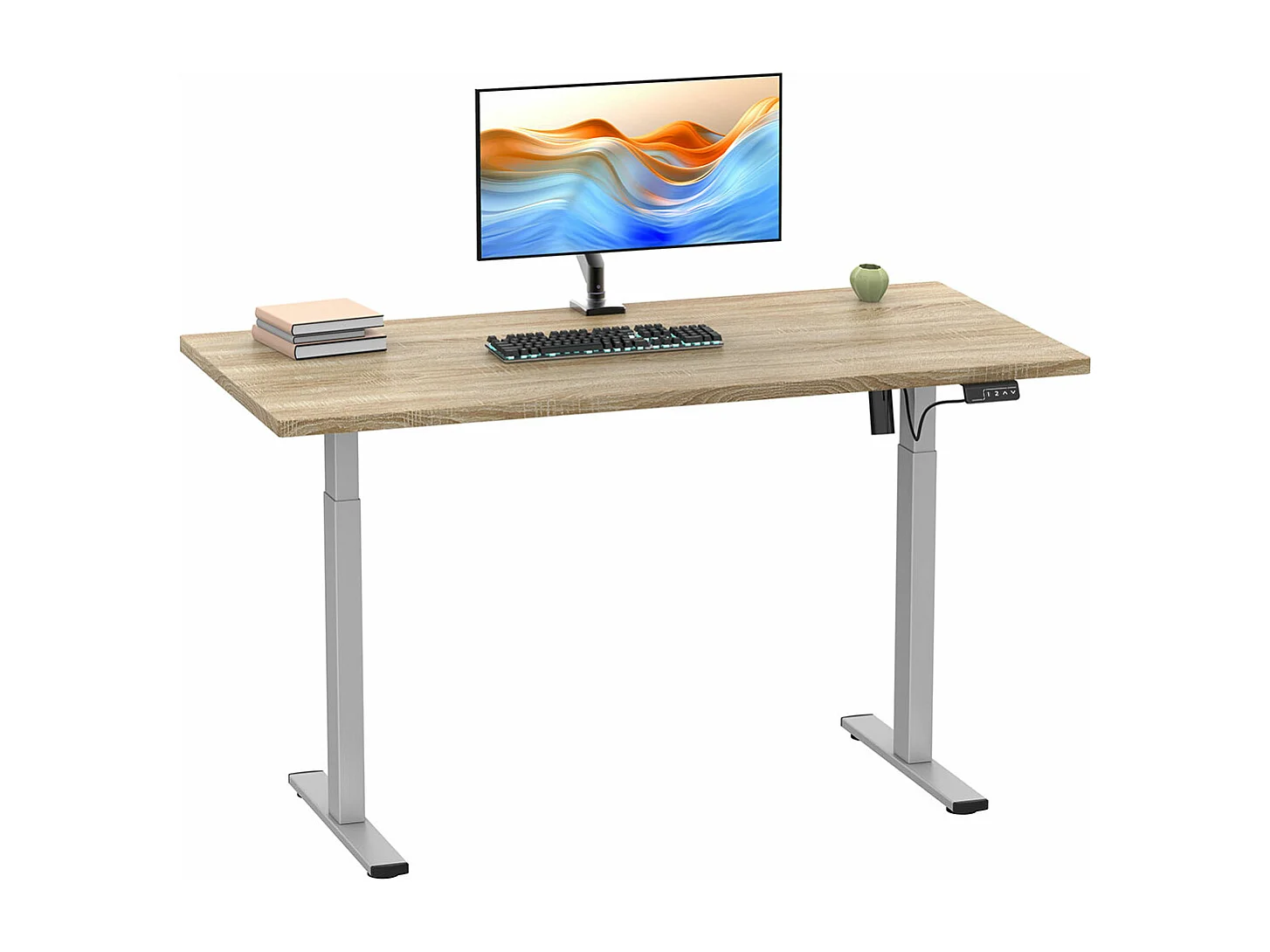 LonaE bureau fonction de montée et descente électrique 160x80x71-120cm chêne décor, couleur argent.