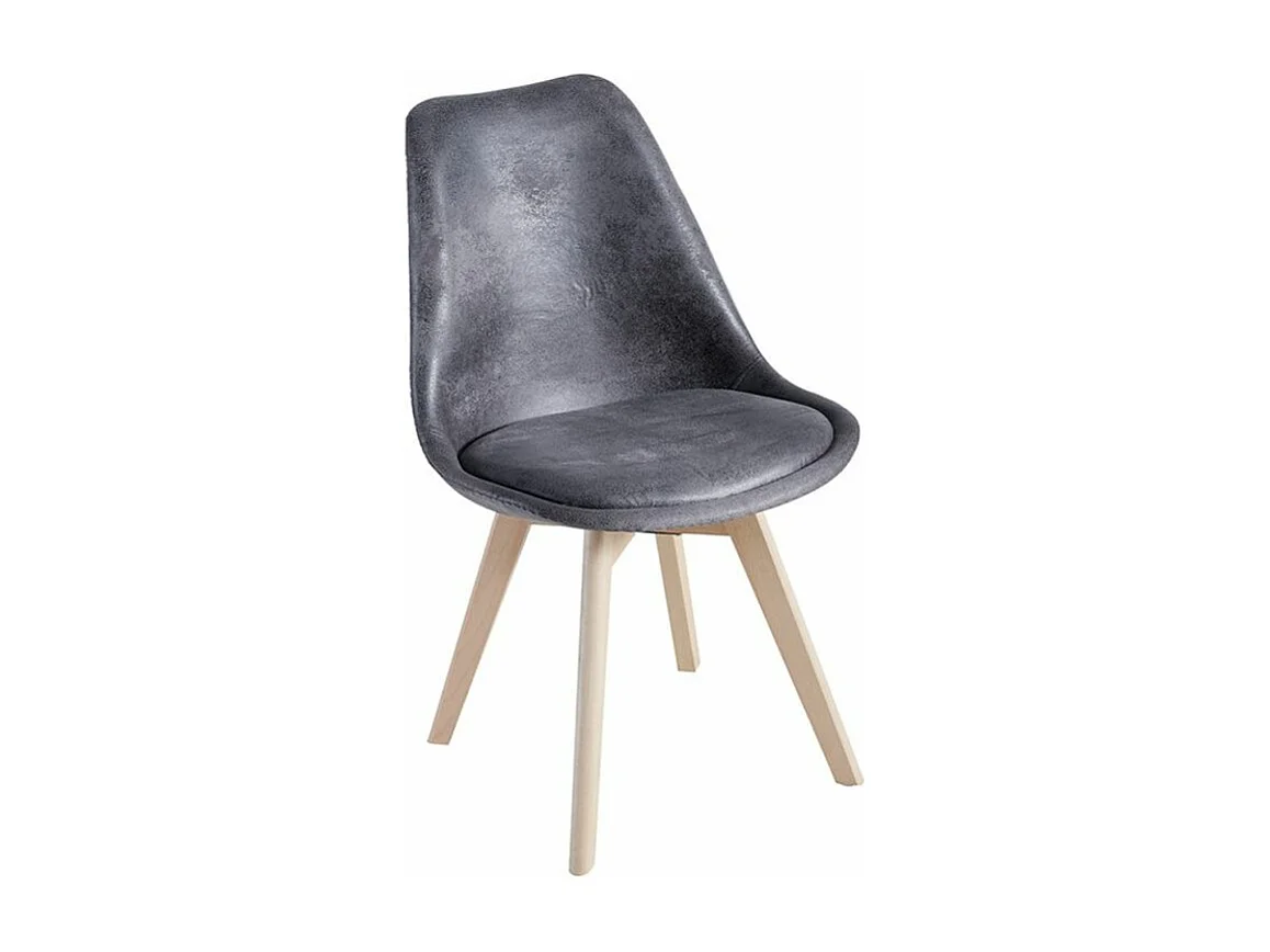 Silla Zaka con asiento vintage símil piel y patas de madera natural-Color Gris oscuro