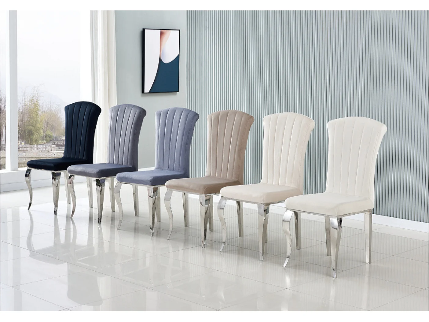 Lot de 6 chaises baroque Kania - Velours et pieds effet miroir-Couleur Noir