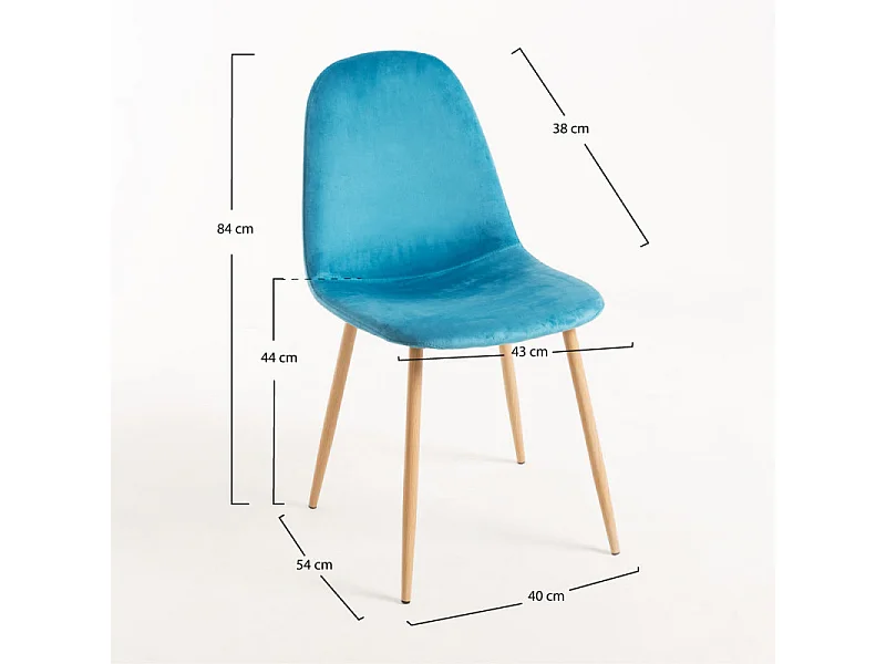 Chaise velours bleu turquoise et pieds métal effet bois naturel Kuza - Lot de 2