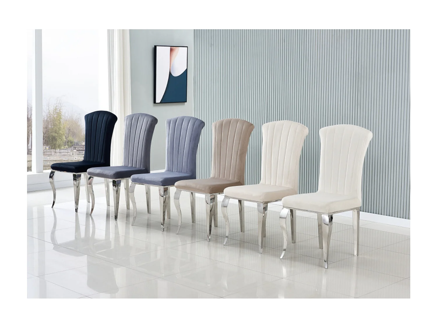 Lot de 6 chaises baroque Kania - Velours et pieds effet miroir-Couleur Ecru