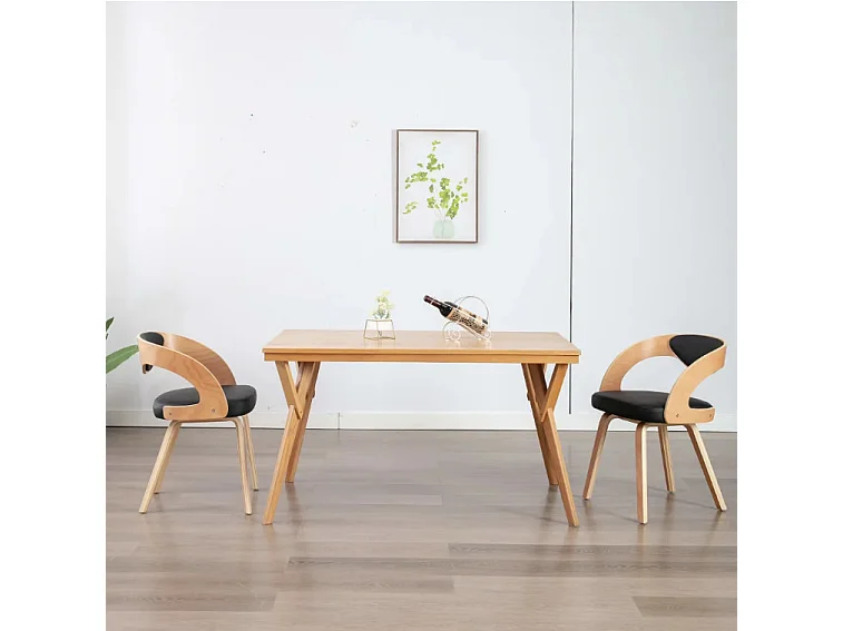 Chaise de salle à manger bois clair et simili cuir noir Canva - Lot de 2