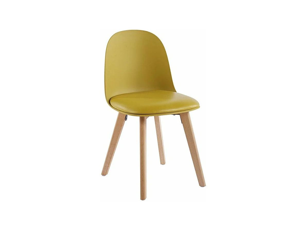 Chaise nordique naturel et jaune avec un coussin d'assise en simili cuir Dekan