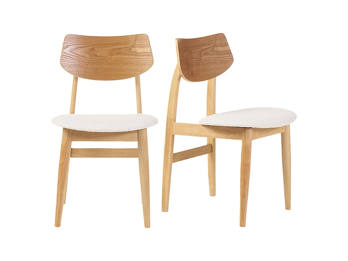 Chaises scandinaves en bois clair et tissu effet laine bouclée blanc (lot de 2) ELION