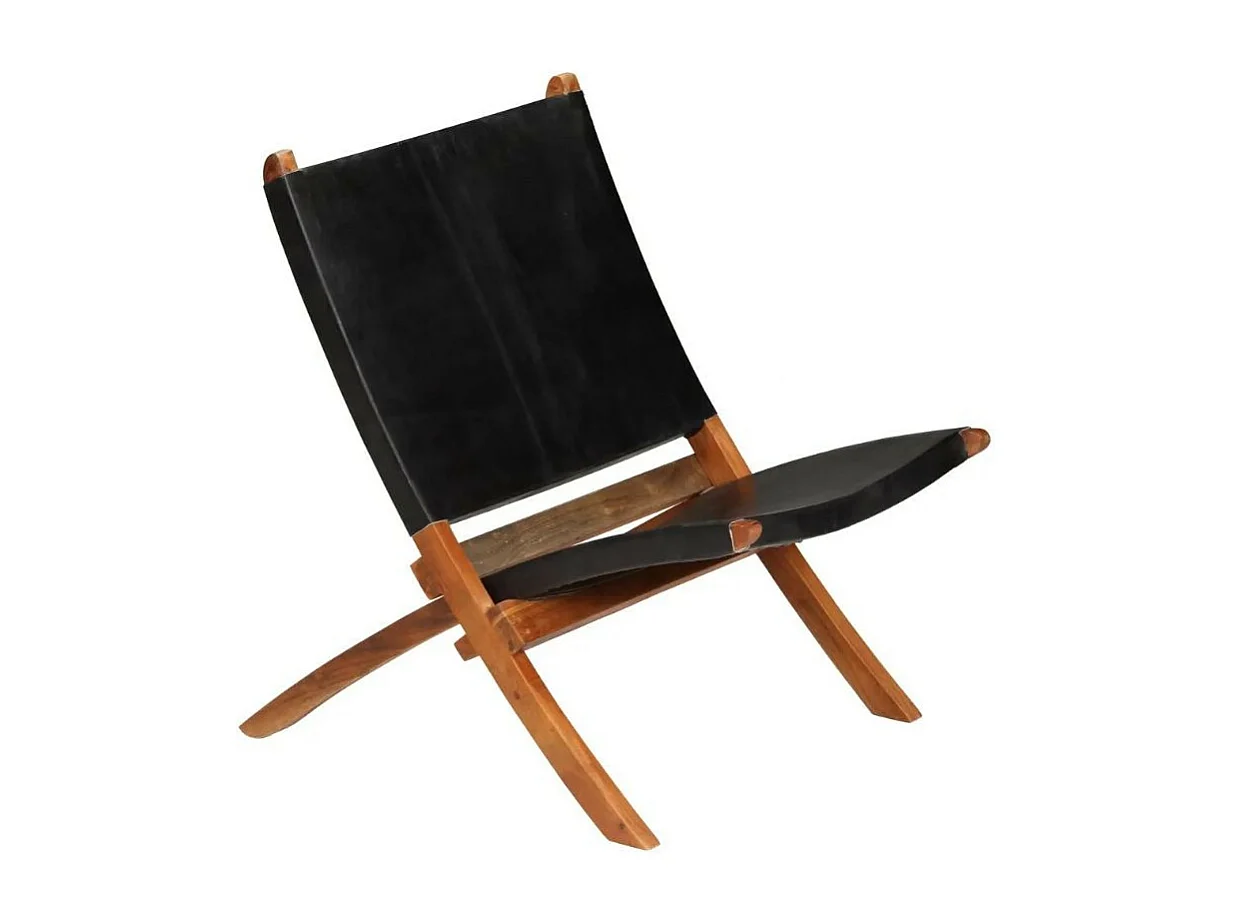 Chaise pliante cuir noir et acacia laqué Manilou