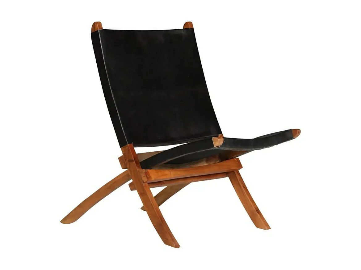 Chaise pliante cuir noir et acacia laqué Manilou