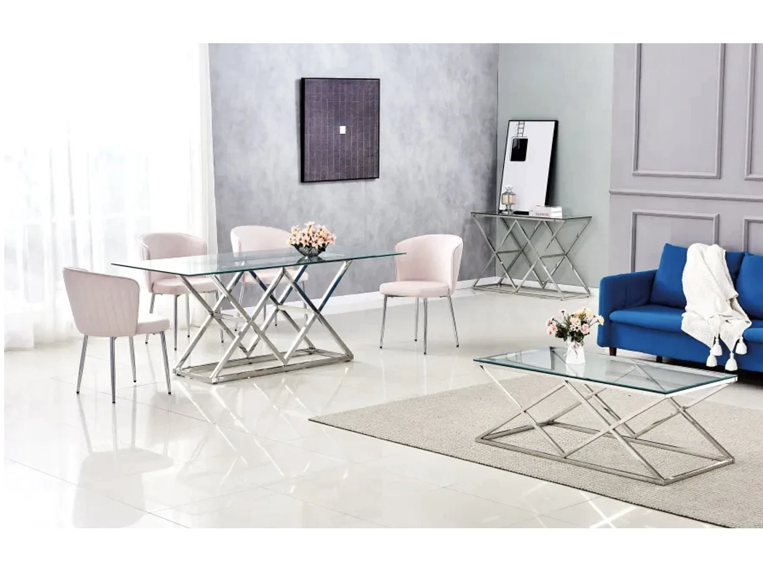 Lot de 4 chaises en velours et pieds métal chromé Komi-Couleur Rose clair