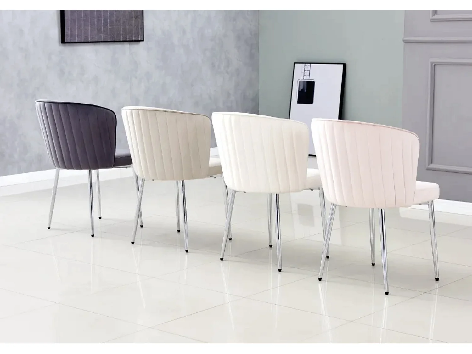 Lot de 4 chaises en velours et pieds métal chromé Komi-Couleur Rose clair